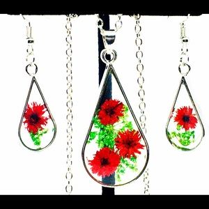 Natural dried flower necklace earrings jewelry set